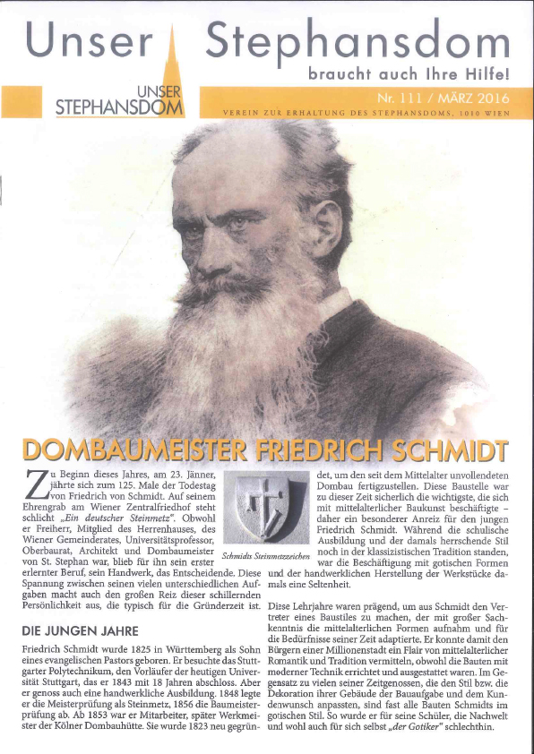 Vereinszeitung Unser Stephansdom 111, März 2016, Titel: Dombaumeister Friedrich Schmidt