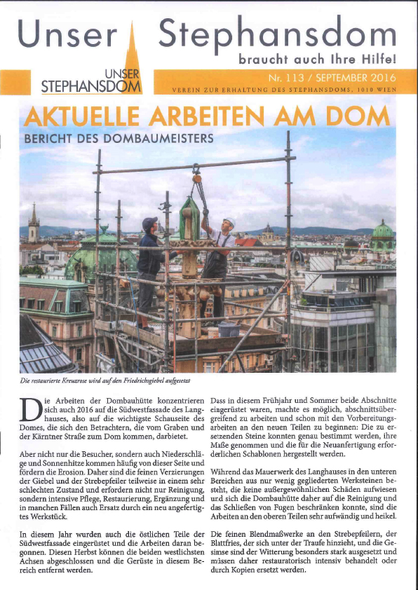 Vereinszeitung Unser Stephansdom 113, September 2014, Titel: Aktuelle Arbeiten am Dom