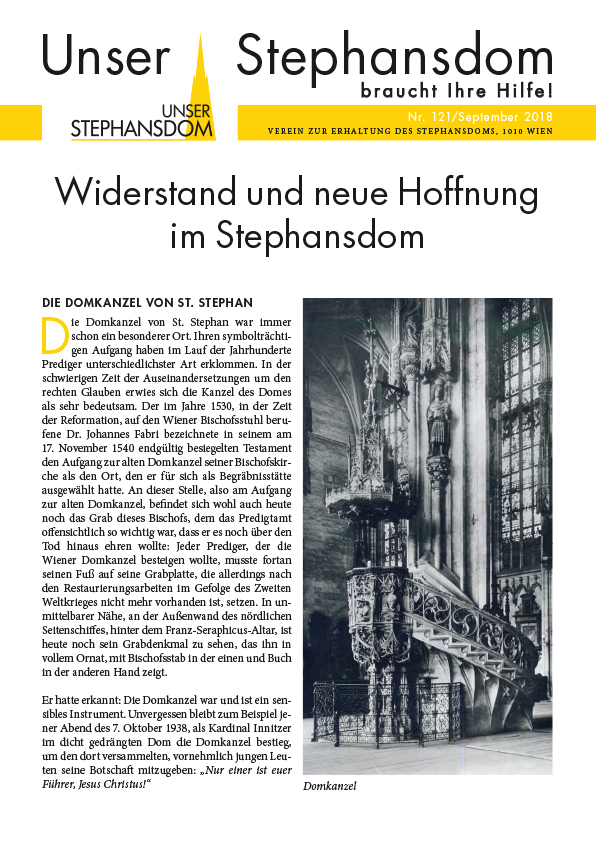 Vereinszeitung Unser Stephansdom 121, September 2018, Titel: Wiederstand und neue Hoffnung im Stephansdom