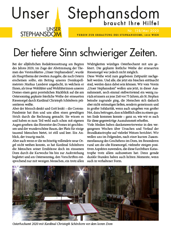 Vereinszeitung Unser Stephansdom 128, August 2020, Titel: Der tiefere Sinn schwieriger Zeiten